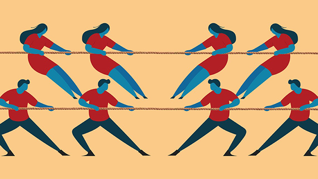 An illustration of people tugging on ropes.